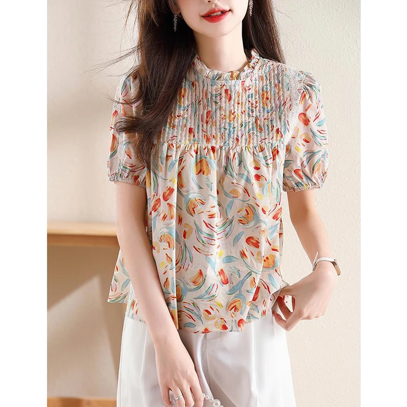 Women Stylish Print Ruffle Sweet Blouses Summer Elegant Chic Short Sleeve Shirts Casual O Neck Loose Tops Blusas Para Mujer 2024