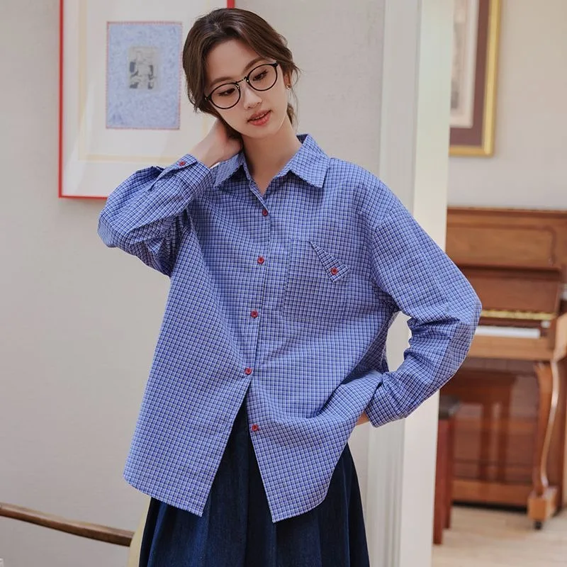

College Style Sub-shirt Women's Long-sleeved Spring and Autumn Blue Fashionable Casual Loose Top