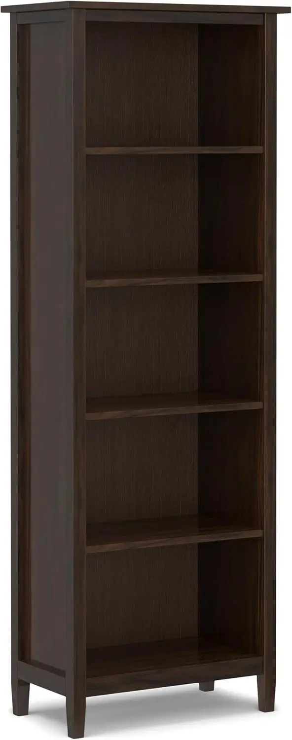 Warm Shaker Solid Wood Transitional 5 Shelf Bookcase For The Living, Study Room And Office, 26 Inch, Tobacco Brown