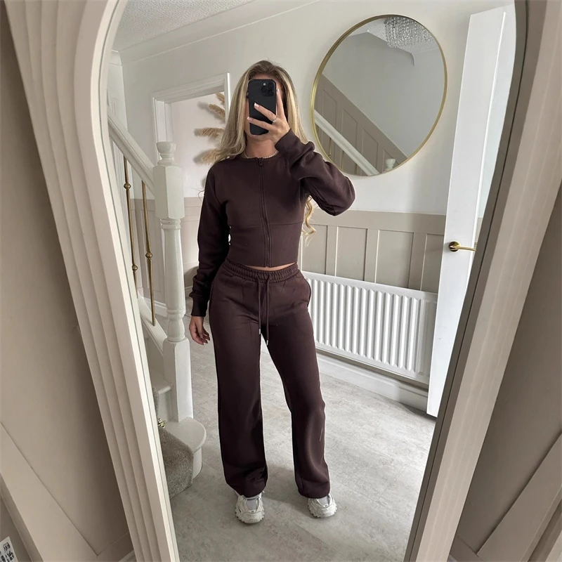 Set di moda per le donne Autunno 2025 Nuovo Slim O Collo Cappotto con cerniera Top Pantaloni a gamba larga Set da due pezzi Set di abbigliamento sportivo per il tempo libero Abiti