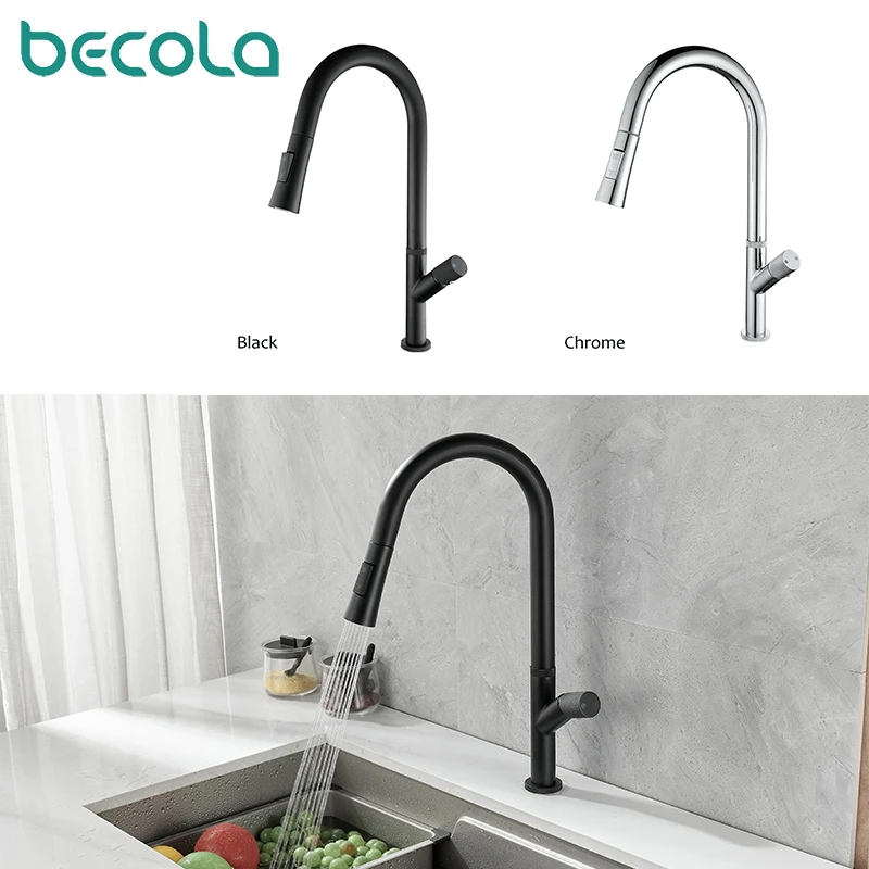 Becola Kitchen Pull-Out Faucet Vegetable Basin Faucet Universal Telescopic Faucet Cold and Hot Integrated Black Silver Color Tap