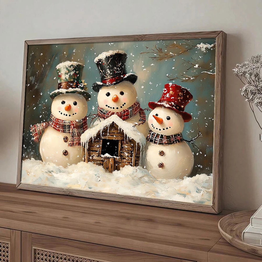 Adorable Snowmen Canvas Print. Rustic Winter Holiday Art for Home Decor.Cute Christmas Wall Decor for Living Room. New Year Gift