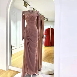 Elegant Mother of the Bride Women Evening Dress Luxury Crystal Long Sleeves Pink Wedding Chiffon Guest Gown Mermaid/Trumpet 2024