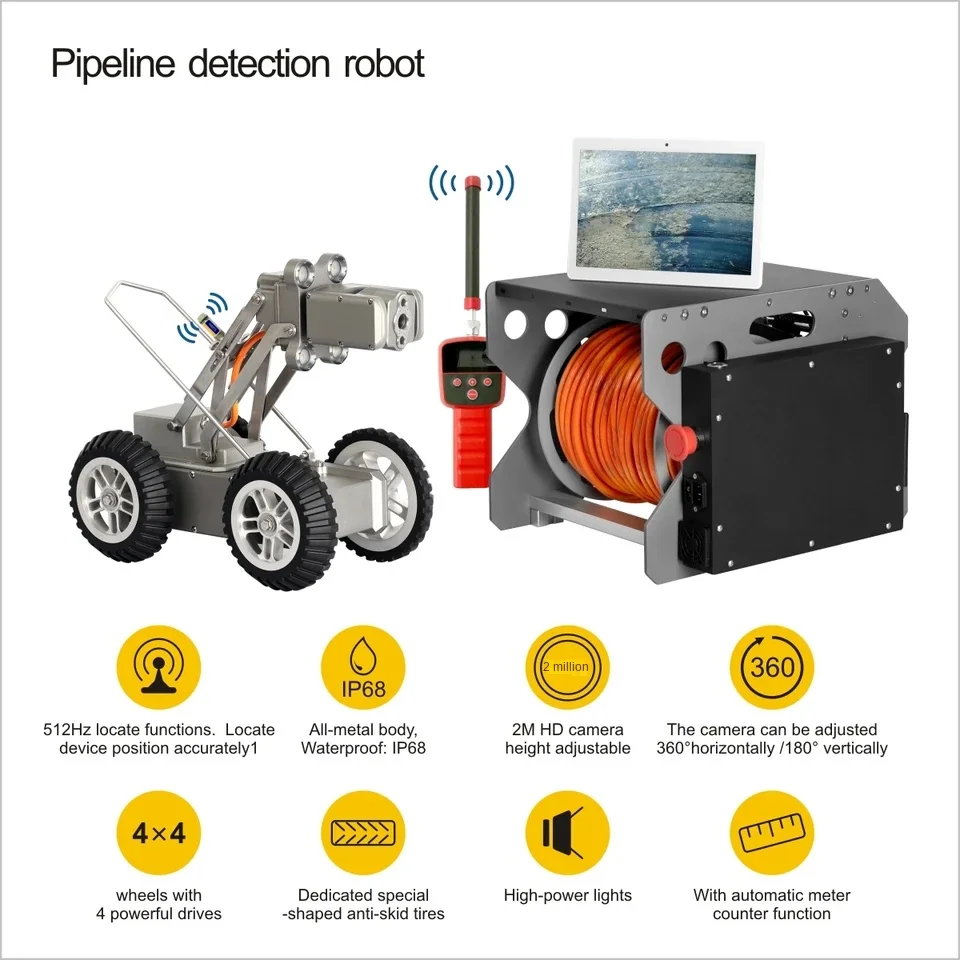 Automatic Robotic CCTV Pipe Inspection Waterproof IP68 Sewer Endoscope Night Vision CMOS Sensor H.265 Video DVR Two-Way OEM