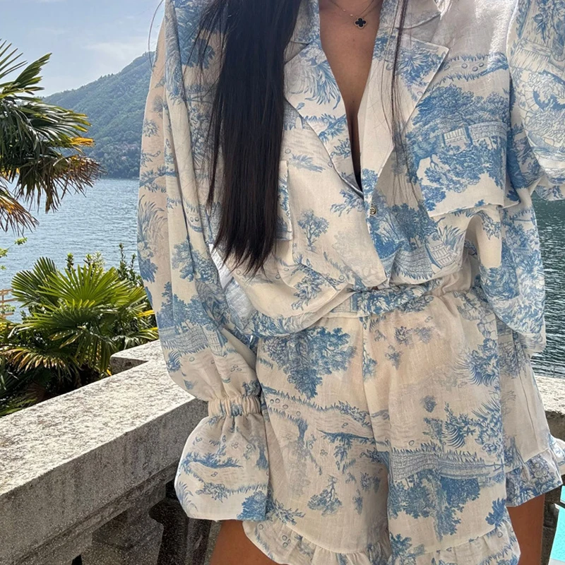 Casual Blue Print Two Piece Sets For Women Elegant Lapel Long Sleeve Pockets Button Up Shirts And High Waisted Shorts Sets