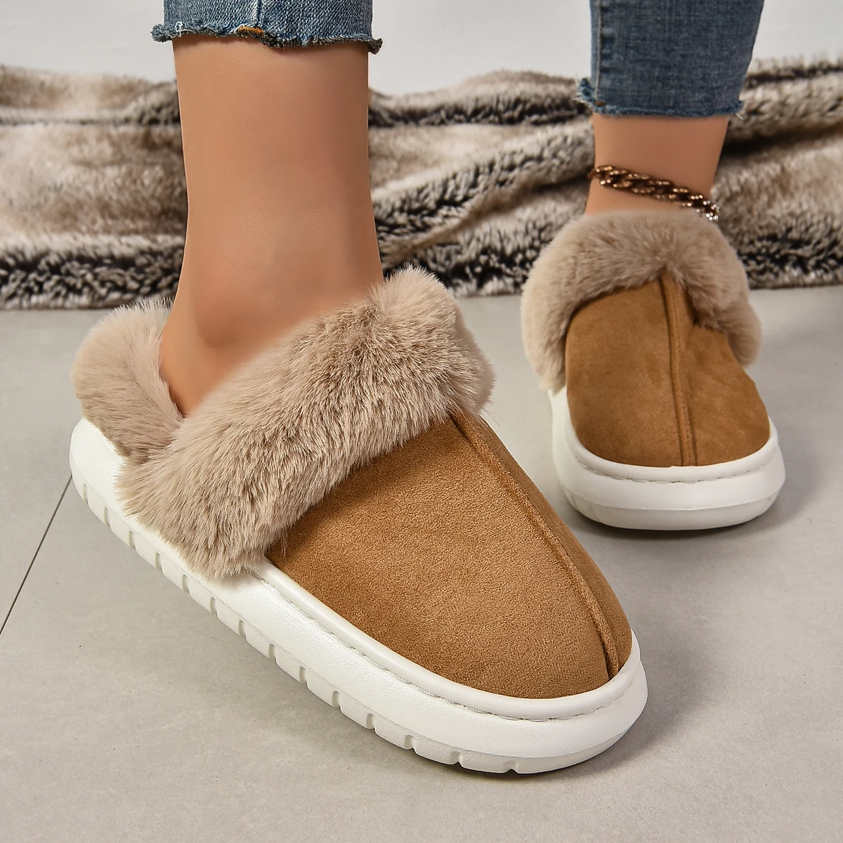 Women Fur Slippers 2024 Winter Women Baotou Flats Half Drag Warm Plush Cotton Shoes Female Platform Snow Boots Cotton Slippers