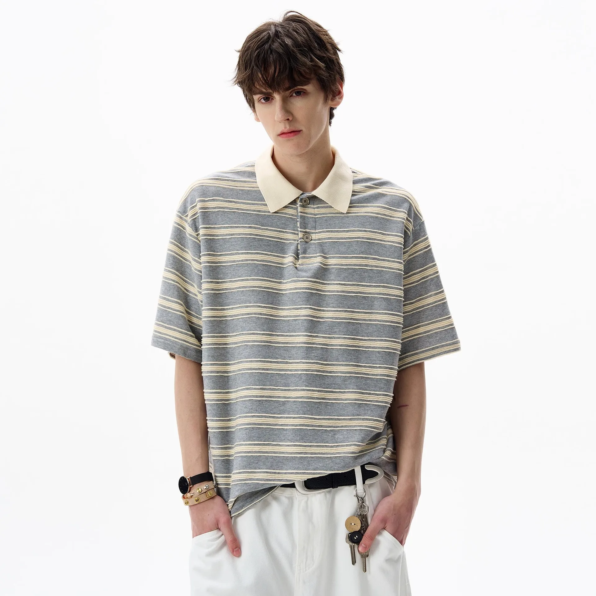 

2026 Versatile New Contrasting Striped Polo Shirt Short-sleeved Men's and Women's Loose Retro Commuter Casual Top