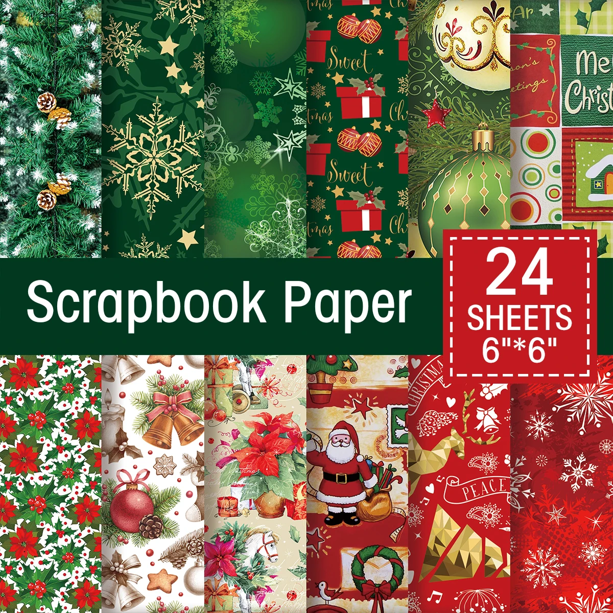 24sheets Christmas Scrapbook Paper,Vintage Christmas Single-sided Decorative Paper Pad Gift for DIY Crafts Diary Junk Journal