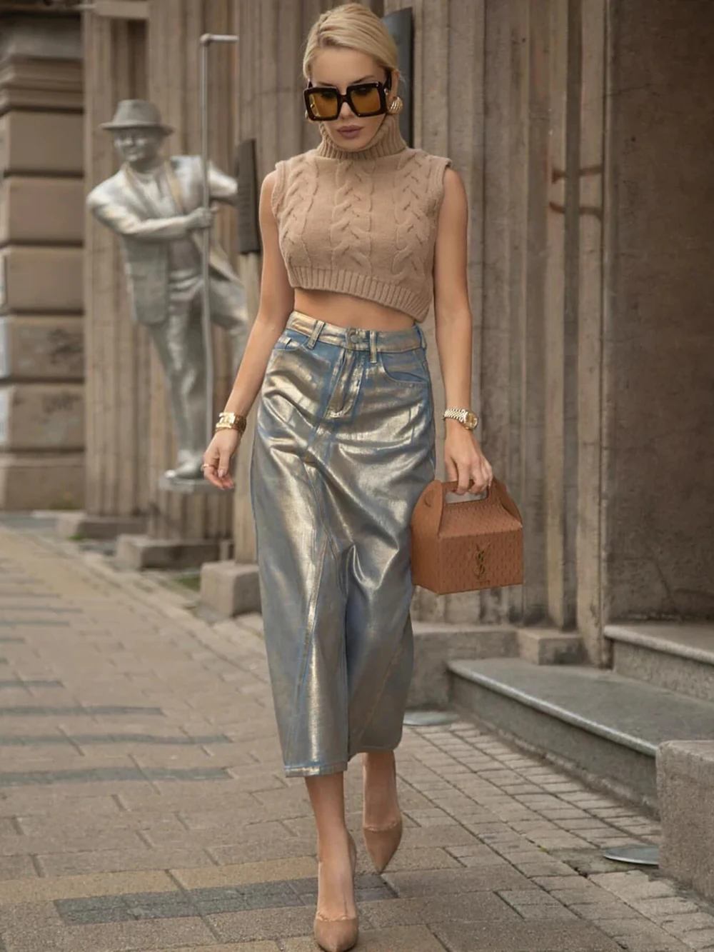 

2024 Summer New Women's Street Trend Style Hot stamping Design Sense A-line Skirt Fashionable High Waist Slim denim Skirt