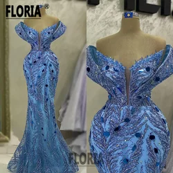 Elegant Crystal Beaded Mermaid Evening Dress Blue Sequined Capped Sleeve Prom Dresses Formal Celebrity Occasion Robe De Soiree