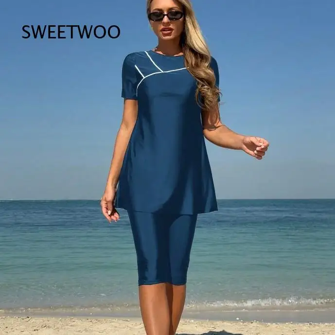Women Modest 2 Piece Swimsuit Short Sleeve Tunic Top With Knee Length Capri Bottom Conservative Bathing Suit For Beach