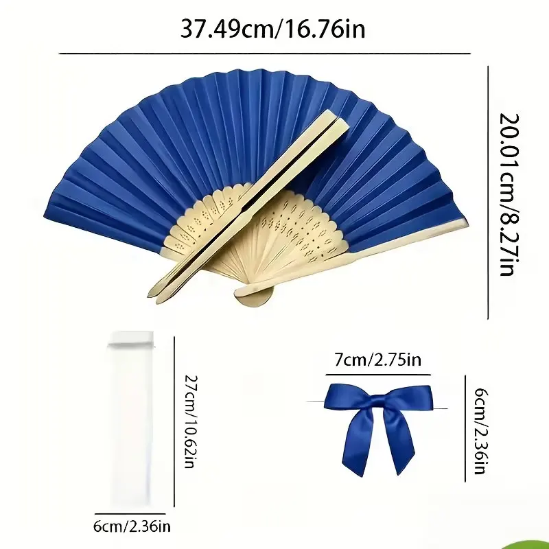(Free Custom Engraving) 10Set/20Set/30Set/50Set Navy Blue Bamboo Folding Fans, Paired with Organza Bow, Wedding Decoration, Carnival Fan, Music Style Fan, Suitable for Weddings, Souvenirs, Valentine's Day, Christmas, Thanksgiving, Mother's Day, the Best Choice for Gift-Giving