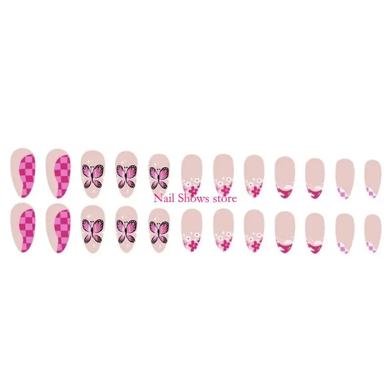 

E0BC 24 Pcs Short Almond False Flowers Artificial French Tip On Glossy Press On for Woman