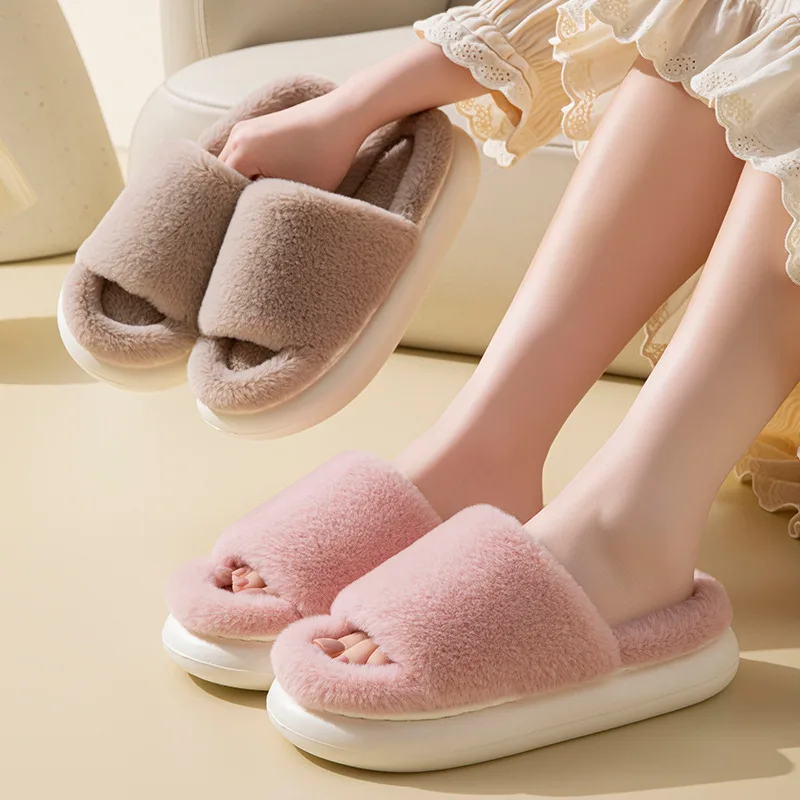 Autumn Winter Thickened Plush Indoor Slippers Unisex Couples Home Leisure Fashion Warm Cotton Slippers Open-Toe House Shoes