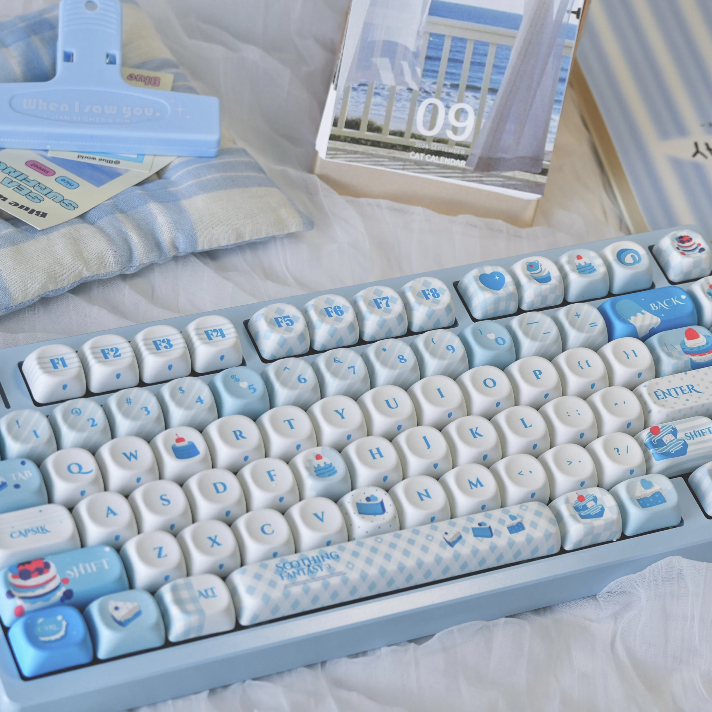 Sweet Dreamland Keycap MOA PBT Thermal Sublimation Sea Salt Cake Theme Blue Keycaps for Mechanical Keyboard HI75 F99 F87 Wooting