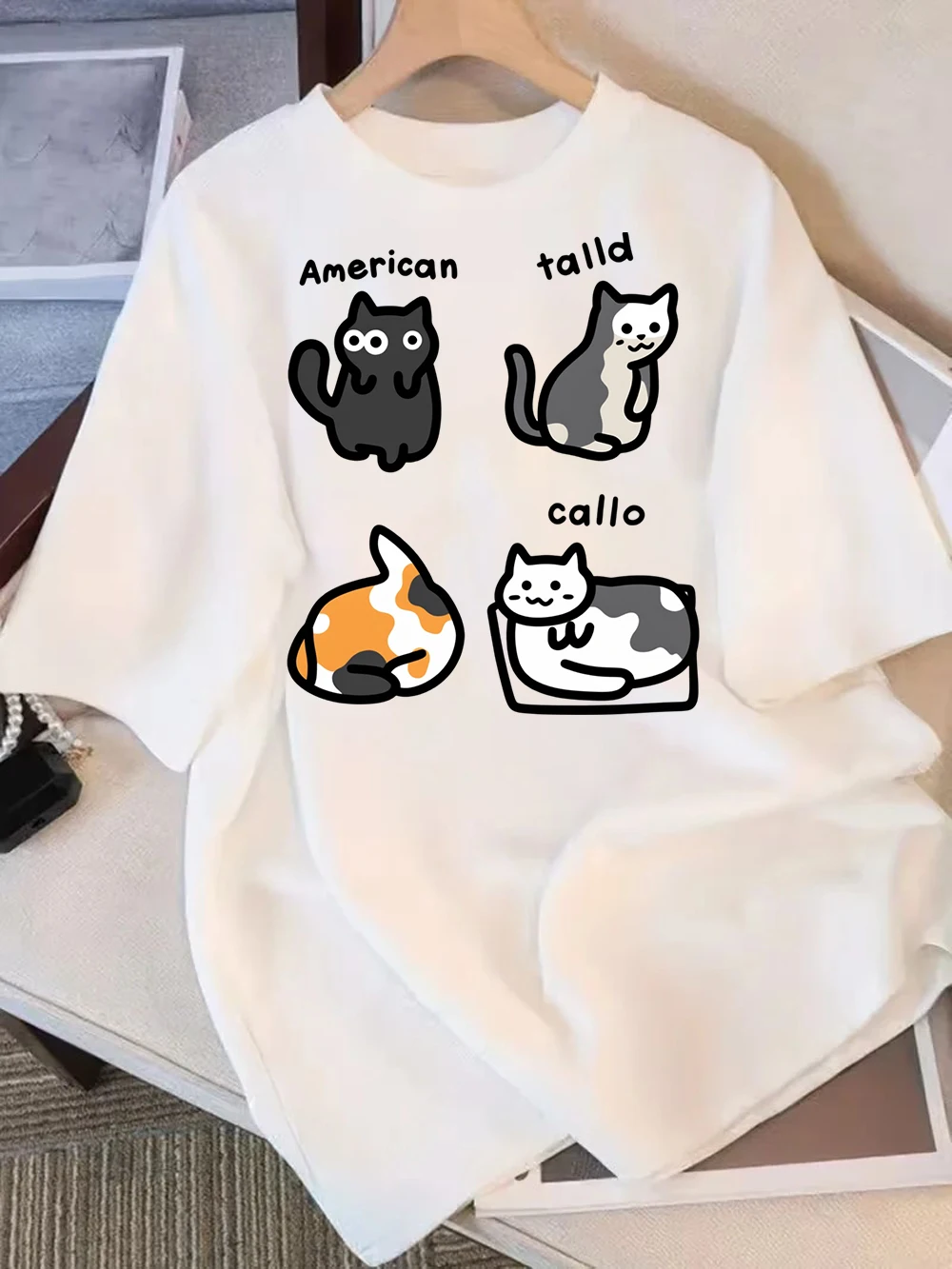 Cat Coffee Pure Trendy Summer Loose Short Sleeved T-shirt WoMen Women Original Mocha Latte Cat Three Flowers Fun Cat Tees