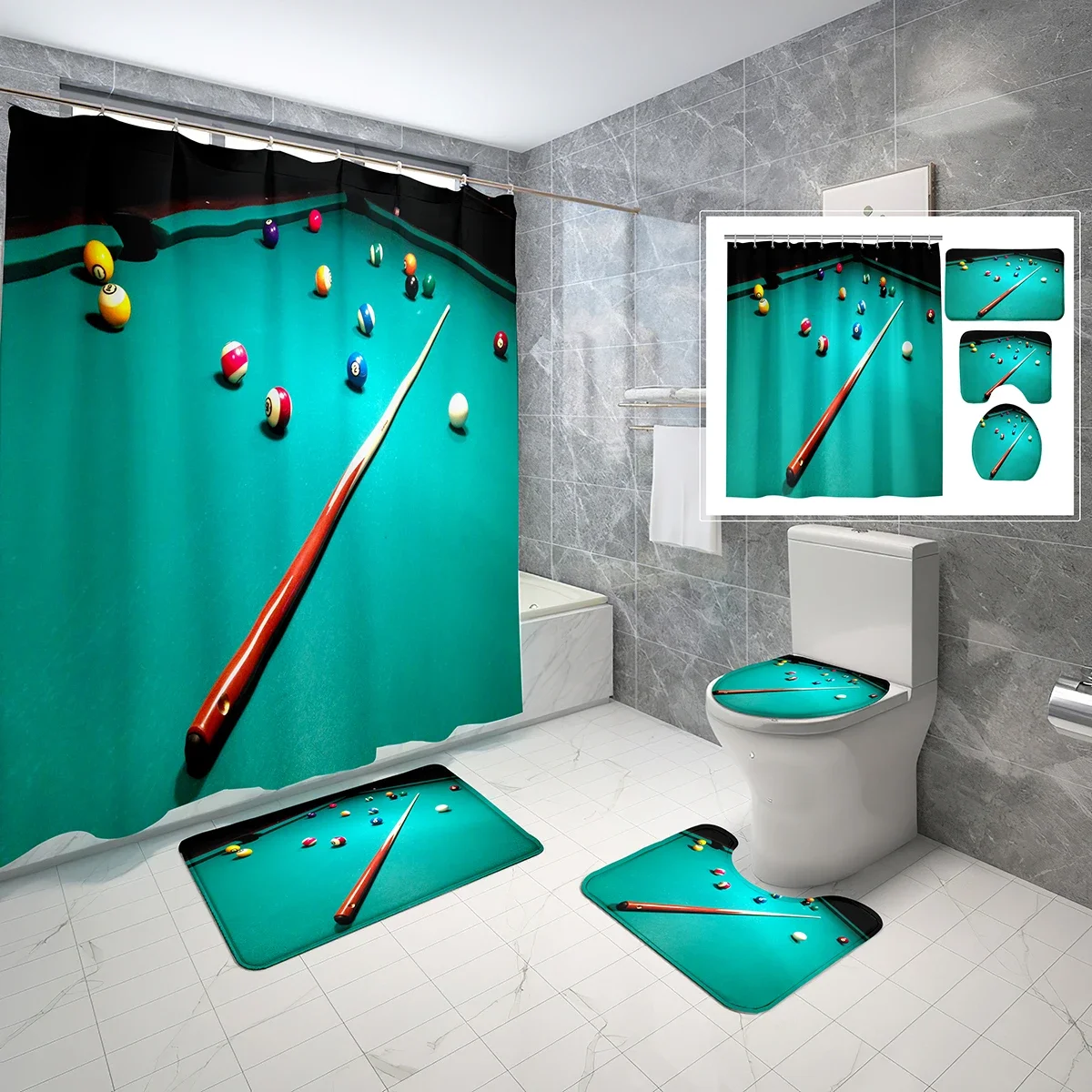 

Набор из 4 предметов: шторка для душа с бильярдной тематикой, нескользящий коврик для ванной, накладка на крышку унитаза, занавеска для ванной комнаты с крючками в спортивном стиле