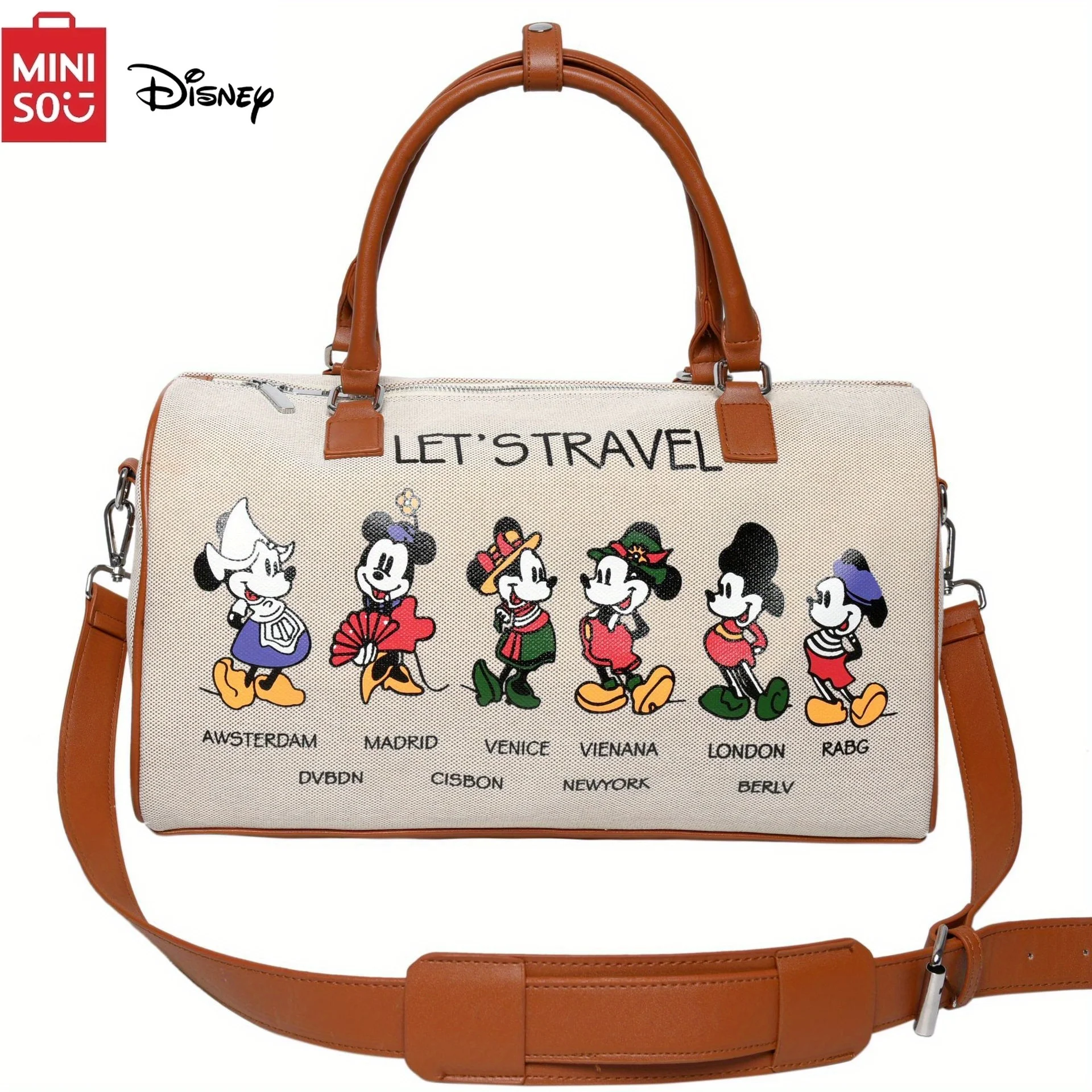 MINISO Disney Mickey Mouse Canvas Tote Bag Large Capacity Travel with Shoulder Strap Cartoon Short Travel Bag Handbag for Women