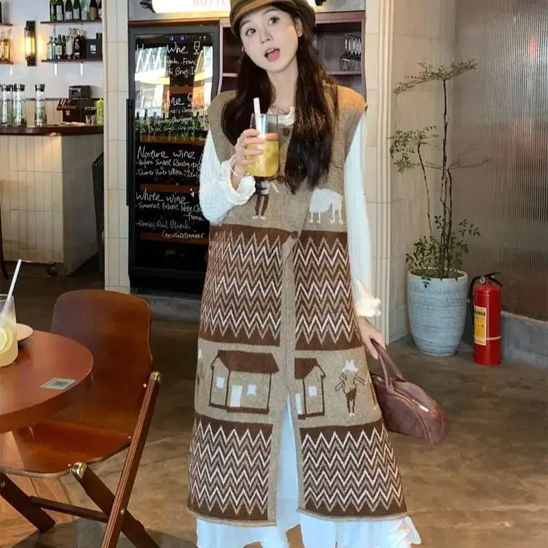 

Colorblock Knitted Vest Dress Women 2024 Autumn Winter New Style Retro Jacquard Loose Slimming Long Skirt