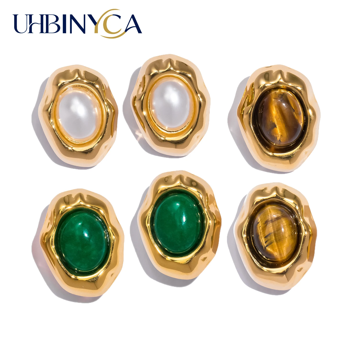 UHBINYCA French-style Natural Stone Earrings for Women,  Stainless Steel Plated with 18k Gold Inlaid with Gemstones