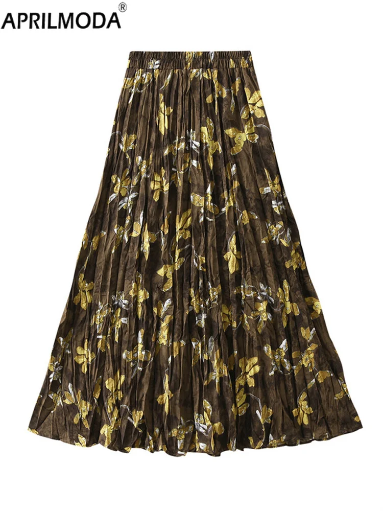 

Новое поступление 2024 года, плиссированная длинная женская юбка миди с цветочным принтом, повседневная корейская ретро-юбка Kawaii Harajuku, пляжные юбки трапециевидной формы с высокой талией