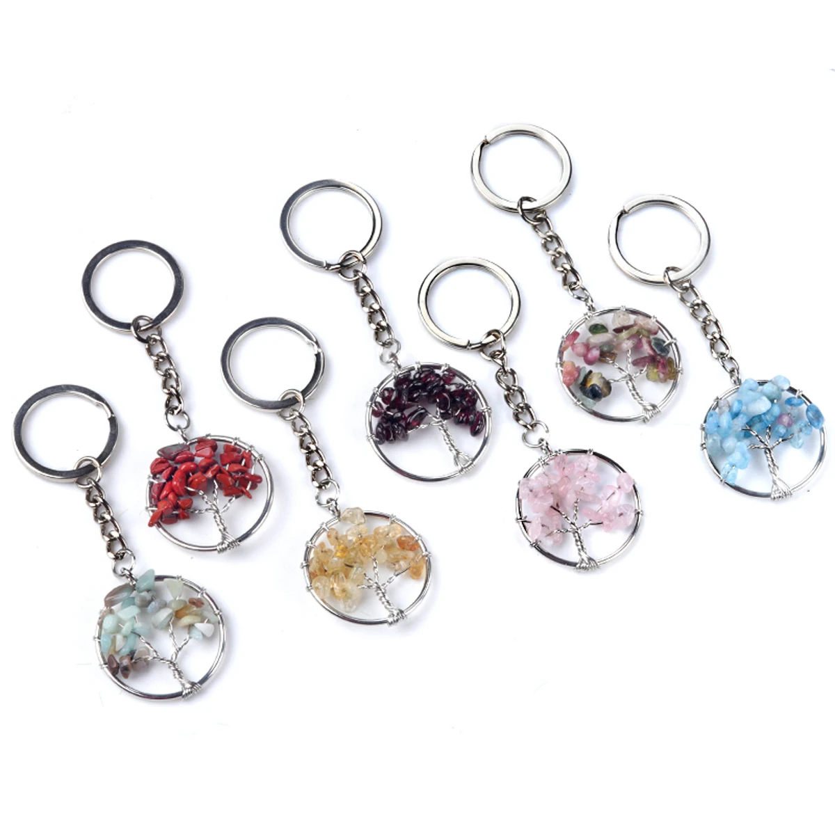 Natural Stone Crystal Fluorite Tree of Life Pendants Keychain Clasp Key Holder Car Backpack Accessories Unique Jewelry