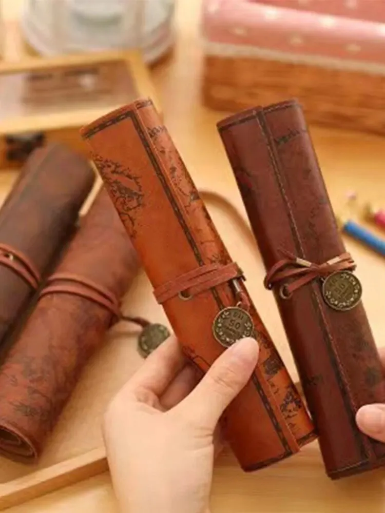 Vintage Treasure Map Pencil Case, Leather Roll-Up Pouch With Embossed Buckle, Large Capacity Organizer for School / Office