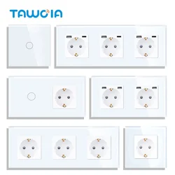 TAWOIA EU Touch Light Switch With USB Wall Socket White Wall LED Switches 1/2/3Gang 1Way Crystal Dark Blue Backlight Wall Switch