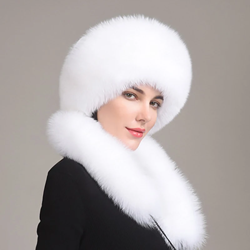 Women\'s Real Fox Fur Hat Scarf Mongolian Bomber Hat Ladies Winter Warm Fox Fur Earflap Caps Russia Winter Real Fur Hat