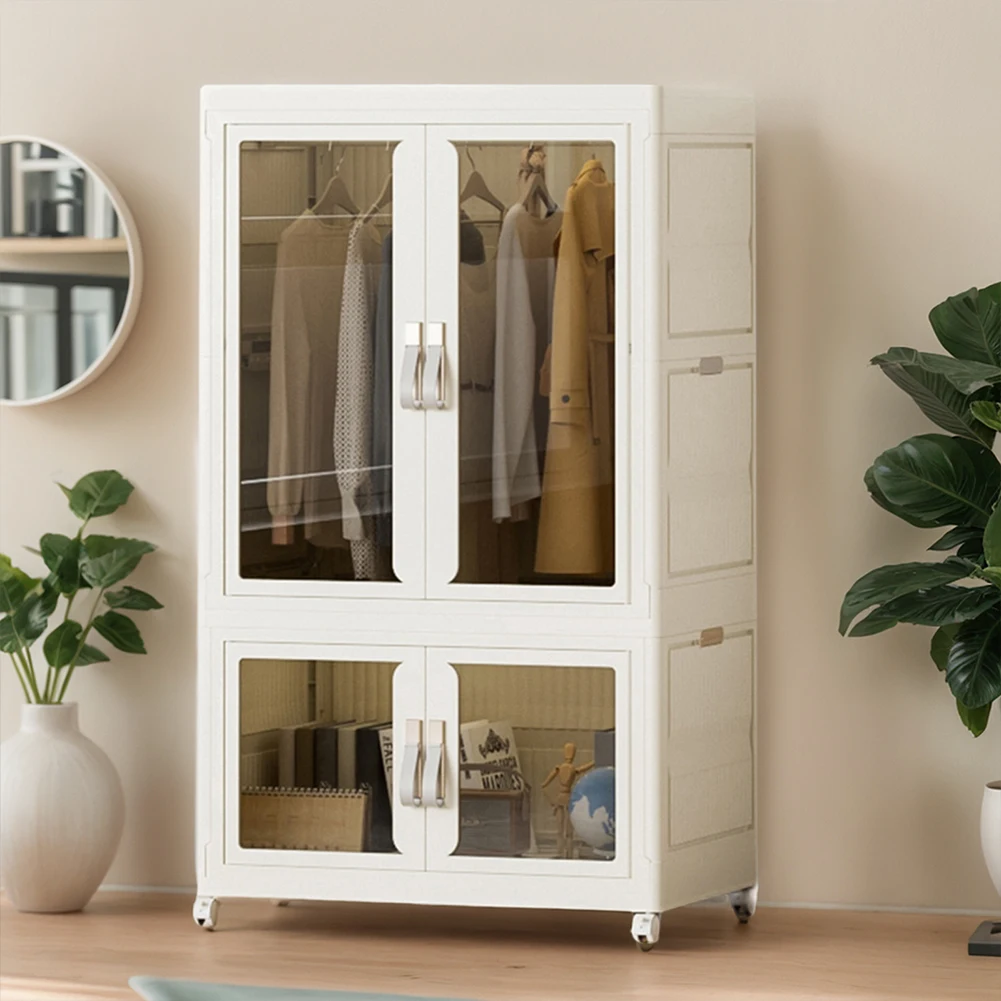 

Portable Closet Multi-Function Storage Shelf with Hanging Rod Closet Organizer Large Capacity with Clear Door for Clothes Toys
