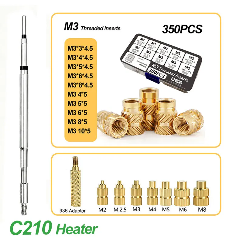 M3 Brass Hot Melt Insert Nuts 350PCS, Heat‑Set Internal Thread with C210 Heater Tip for JBC210 Series Soldering Iron 3D Printer