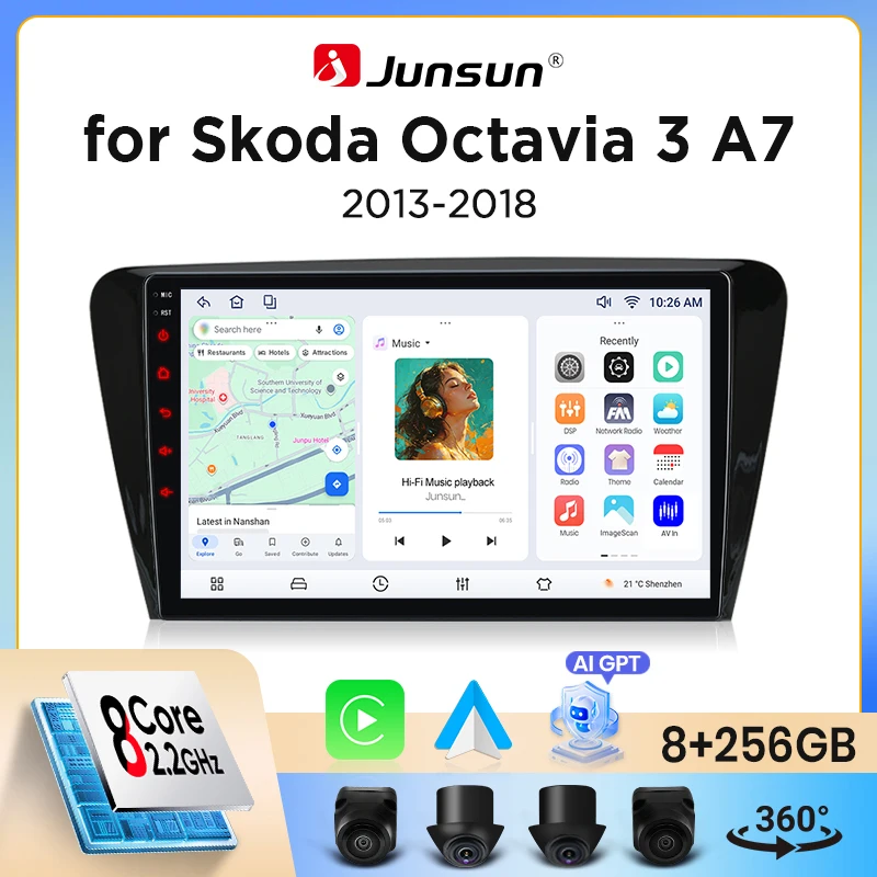 Autoradio Junsun sans fil CarPlay Android Auto pour Skoda Octavia Mk3 (5E) 2012-2020 avec ventilateur de refroidissement intégré, navigation GPS Android, lecteur multimédia, WiFi, DSP, RDS, BT, SWC, écran tactile IPS, autoradio, lecteur vidéo, unité principale, stéréo