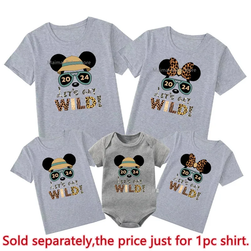 2024 Disney Let\'s Get Wild Funny Family Matching Shirts Animal Kingdom Mickey Minnie Print Dad Mom Kids Baby Family Trip Outfits