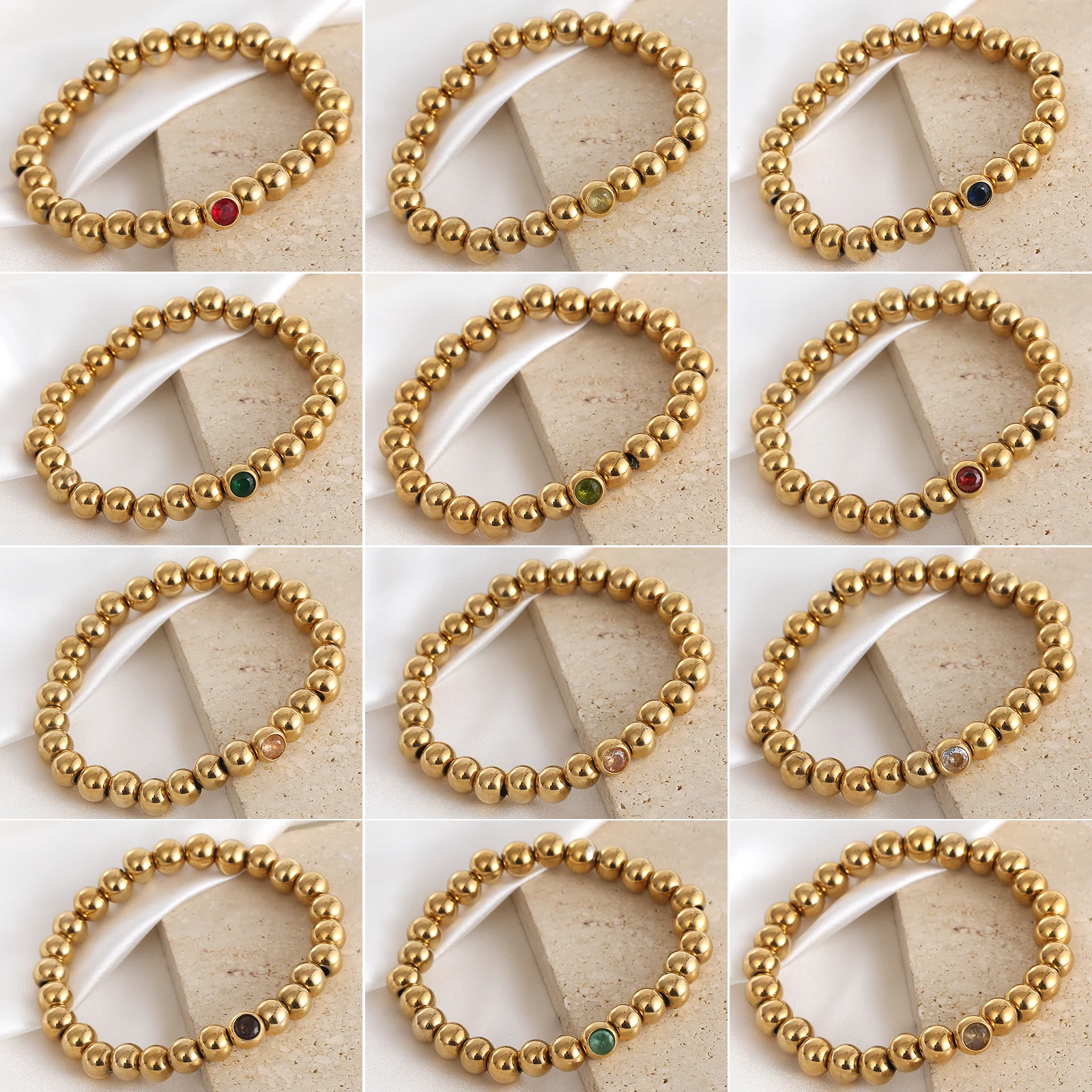 SUNSLL Stainless Steel 5/6/8mm 12 Months Birthstone Beaded Bracelets Gold Plated For Women Men Fashion Jewelry Gift Newest