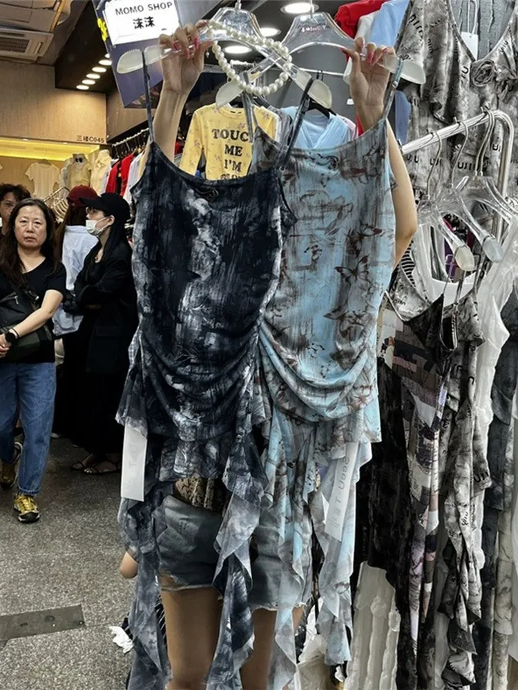 Vestido Assimétrico com Alças para Mulheres, Estilo Verão, Saia Justa em Malha Tingida com Renda, Vestido Curto para o Dia a Dia