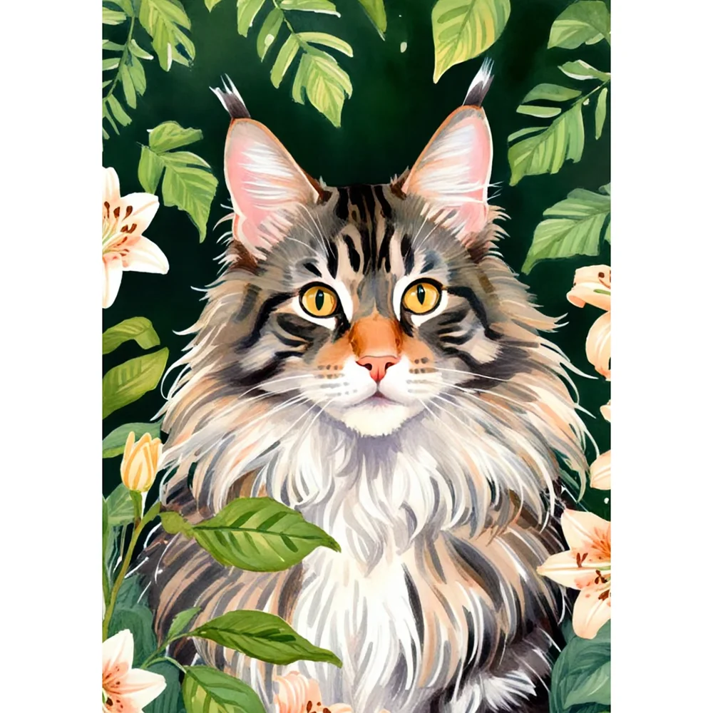 

Алмазная вышивка 5D с полной выкладкой из смолы, дизайн «Кошка мейн-кун и цветок Лилия», с акцентами AB и FD «Сказочная пыль», DIY алмазная живопись, вышивка крестом с изображением животных