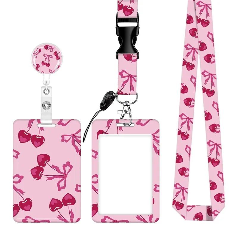 Cartoon Floral Cherry Printed Retractable Badge Reel Set,Fashion ID Card Holder Lanyard with 360° Clip Office Work Accessory