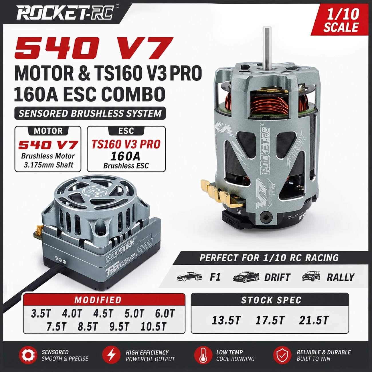 ROCKET-RC 540 V7 Motor TS160 V3PRO 160A ESC Sensored Brushless Combo 1-3S 3.175mm Shaft for 1/10 RC F1 Rally Racing Drift Cars