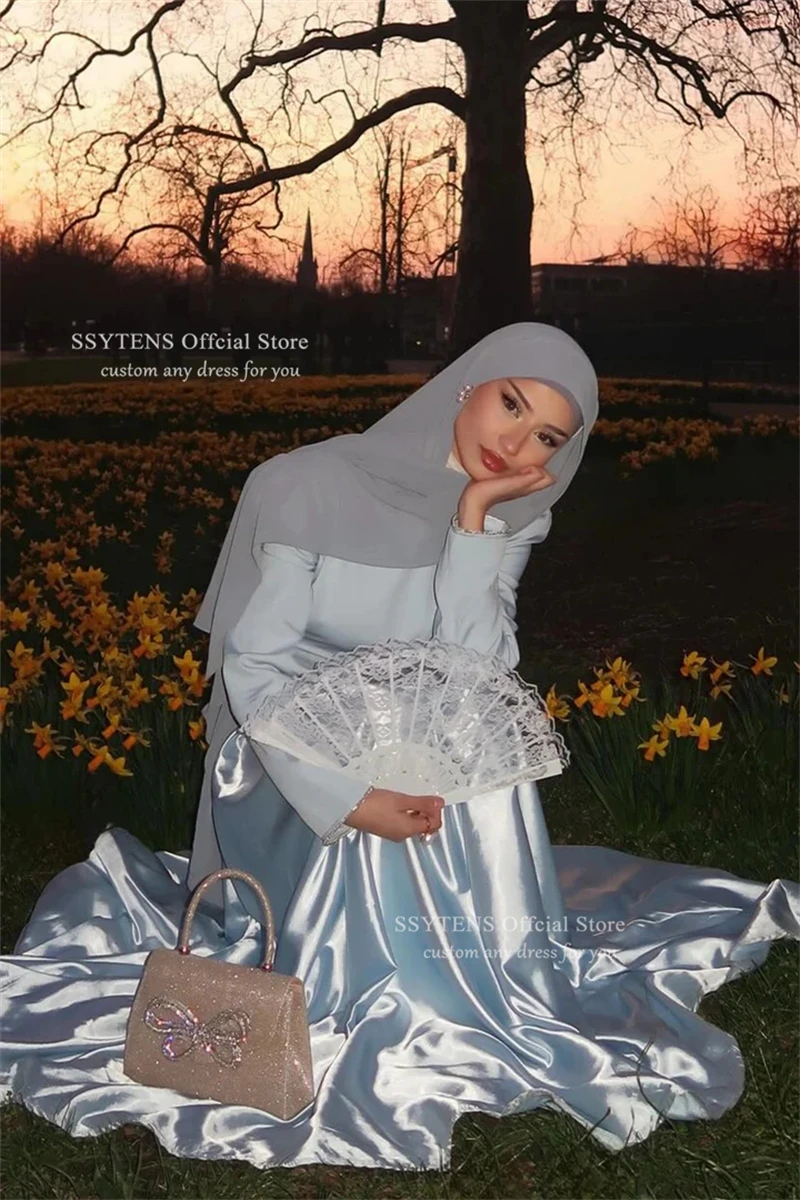 SSYTENS Modest Baby Blue Crepe Evening Dresses Celebrity Full Sleeves Prom Dresses Muslim Luxury Dubai Prom Gown 2027 Customized