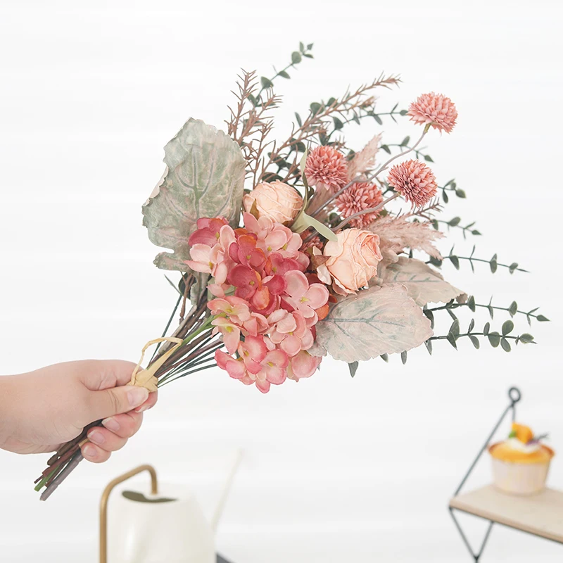 Artificial Flowers Rose Hydrangea Dandelion Bouquet Christmas Home Wedding Decoration Living Room Table Faux Plant Accessories