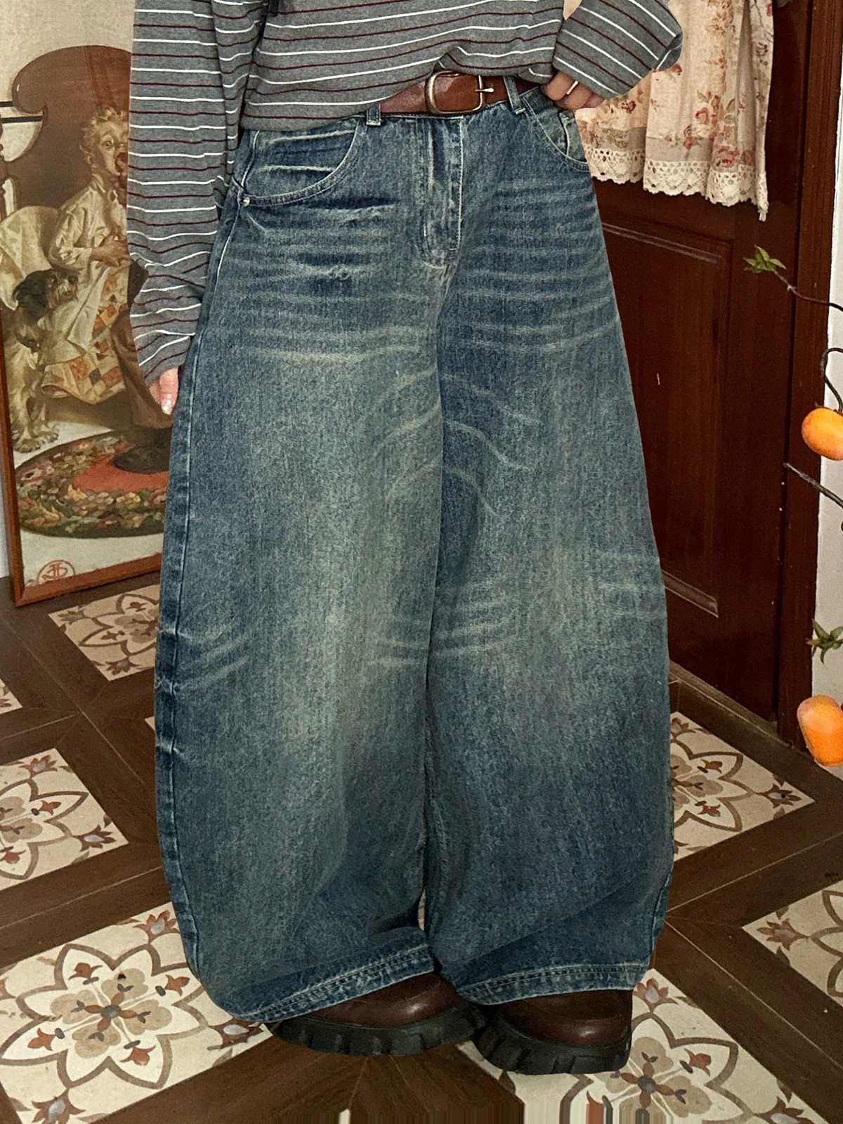 

Waed American Retro Knife Jeans Women's Loose Wide Leg Pants Floor Length Versatile Spring New Sle Ladies Jeans