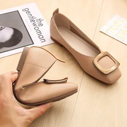 Plus Size 34-43 Women Shoes Metal Buckle Decoration Flats Leisure Lady Slip-on Leather Loafers Spring Low Heel Pumps Ballet Flat