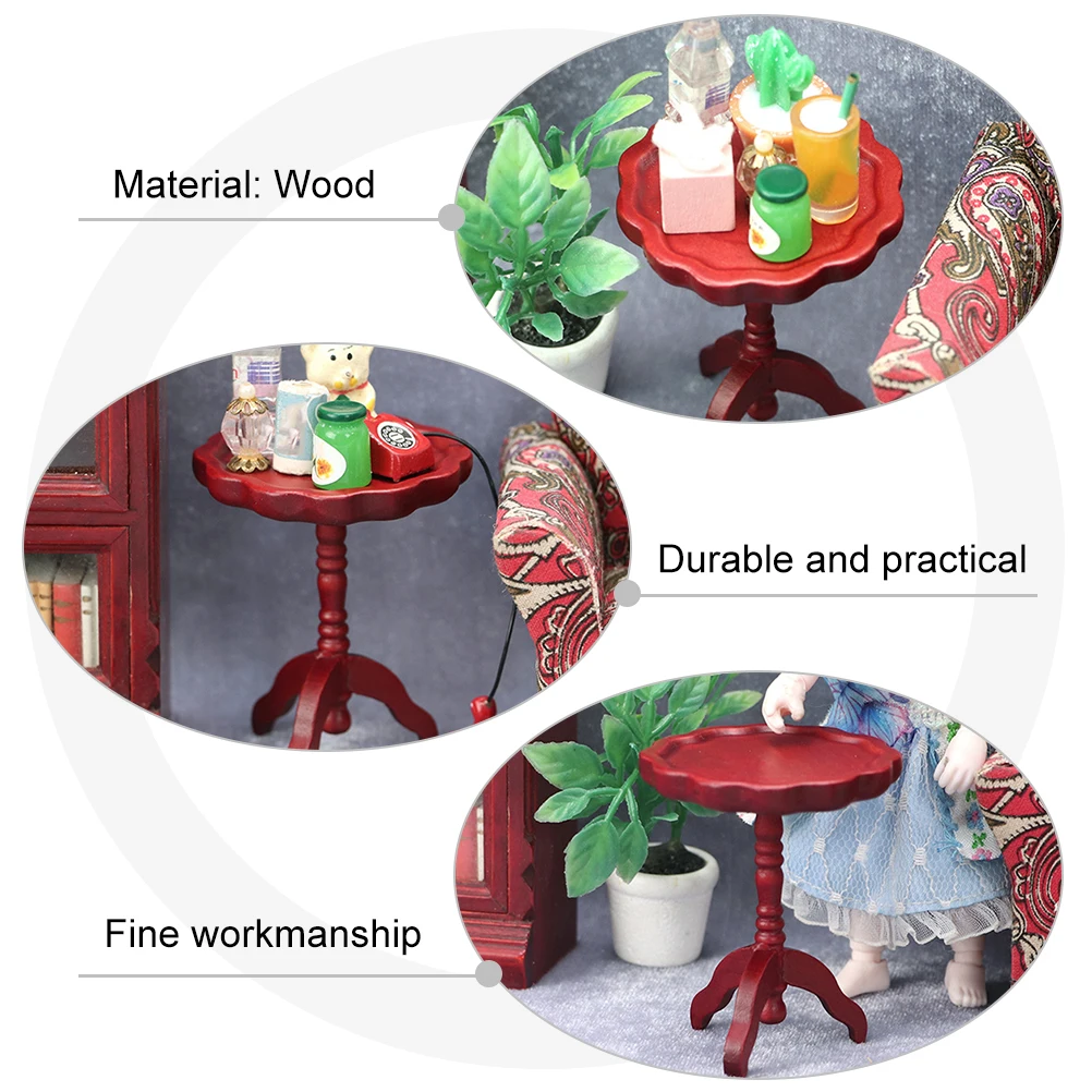 

Mini Coffee Coffee Table Red Wood Small Round Desk House Mini Wooden Table Decor Miniature Furniture Civil Home Use