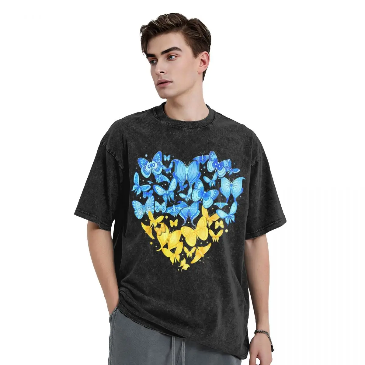 Washed T Shirt Heart Heart Ukraine Butterfly T-Shirt Oversize Ukraina Ukrainian Streetwear Cotton Summer Tops Tees for Men Women