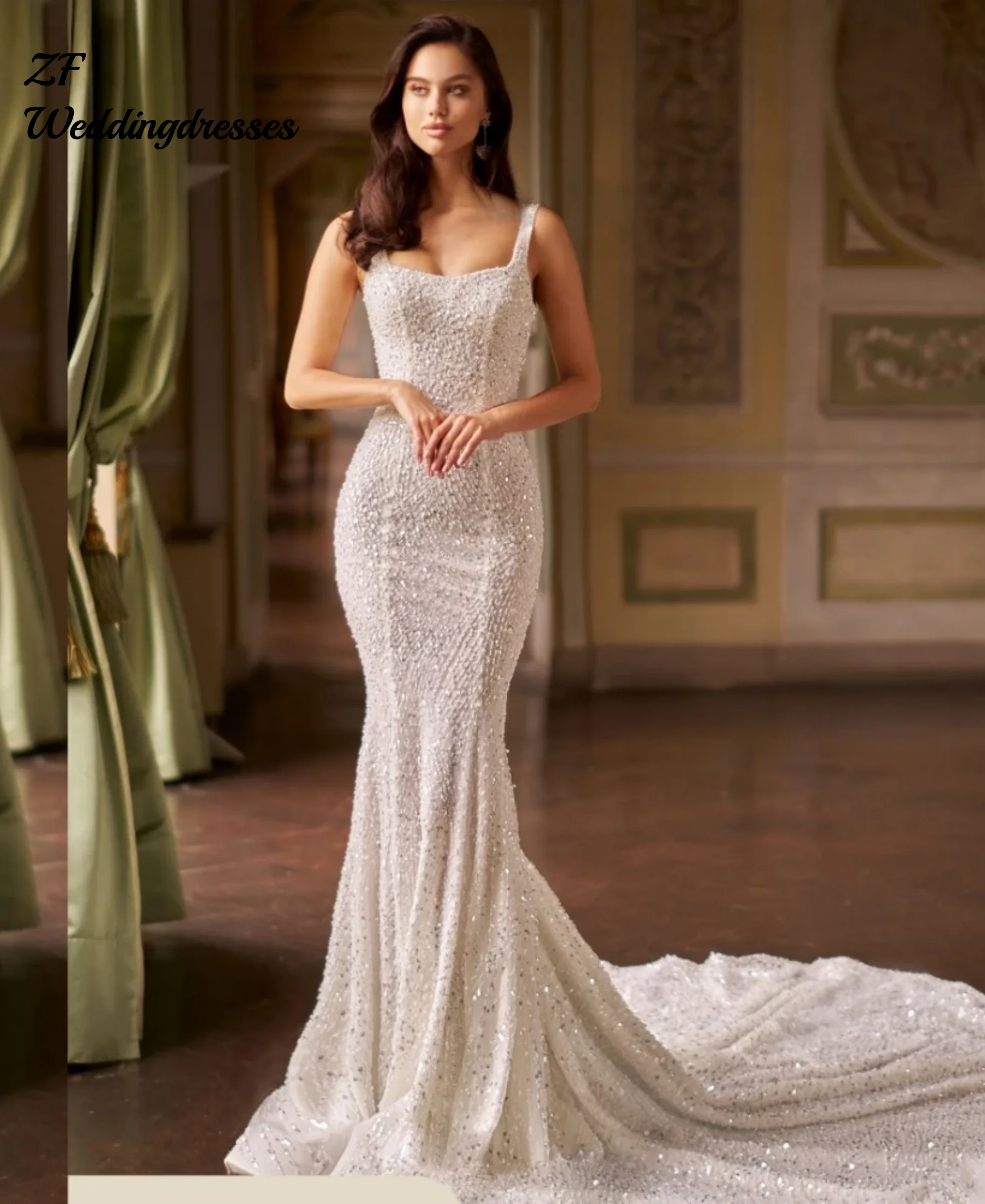 فساتين زفاف حورية البحر أنيقة مخصصة مع فساتين زفاف عارية الذراعين من اللؤلؤ والخرز الكريستالي للنساء في القاعة الأمامية Novi #1