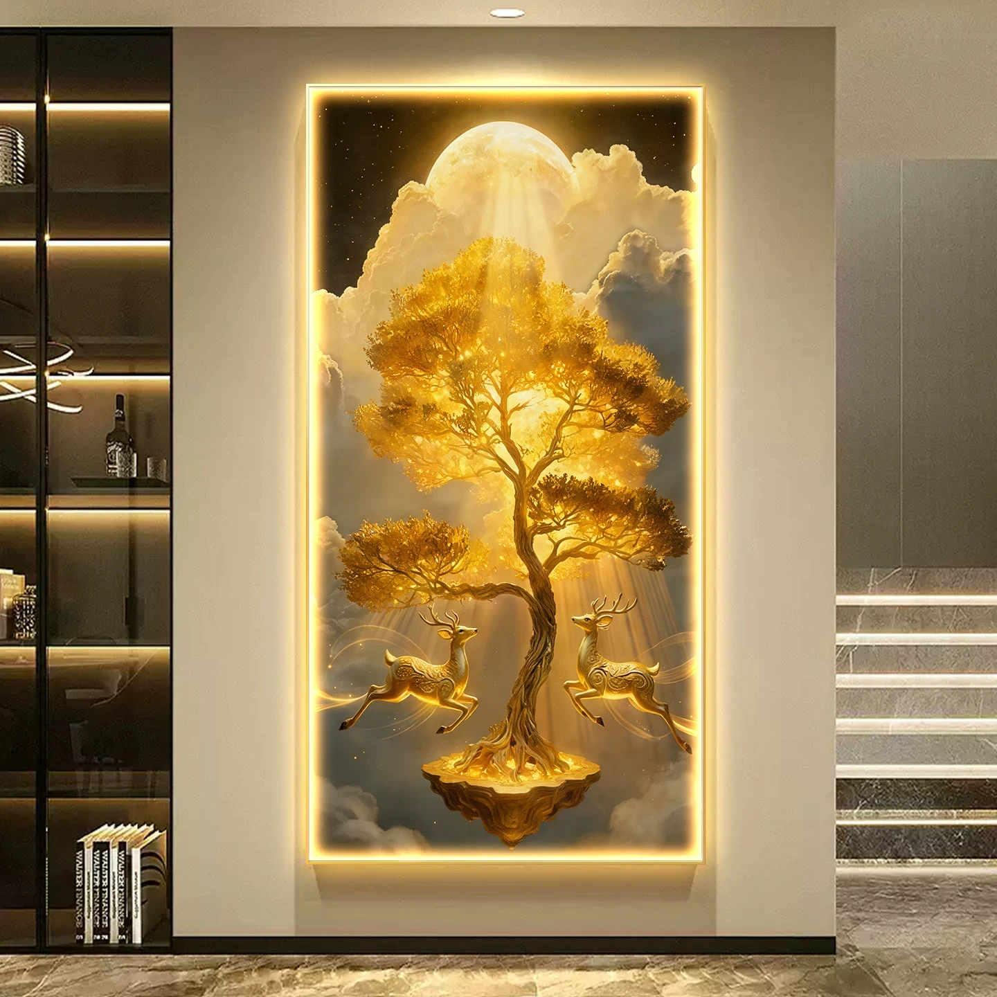 Luxury Entrance Ficus Decorative LED Lighted Hanging Artwork for Front Door, High-End Wall Painting