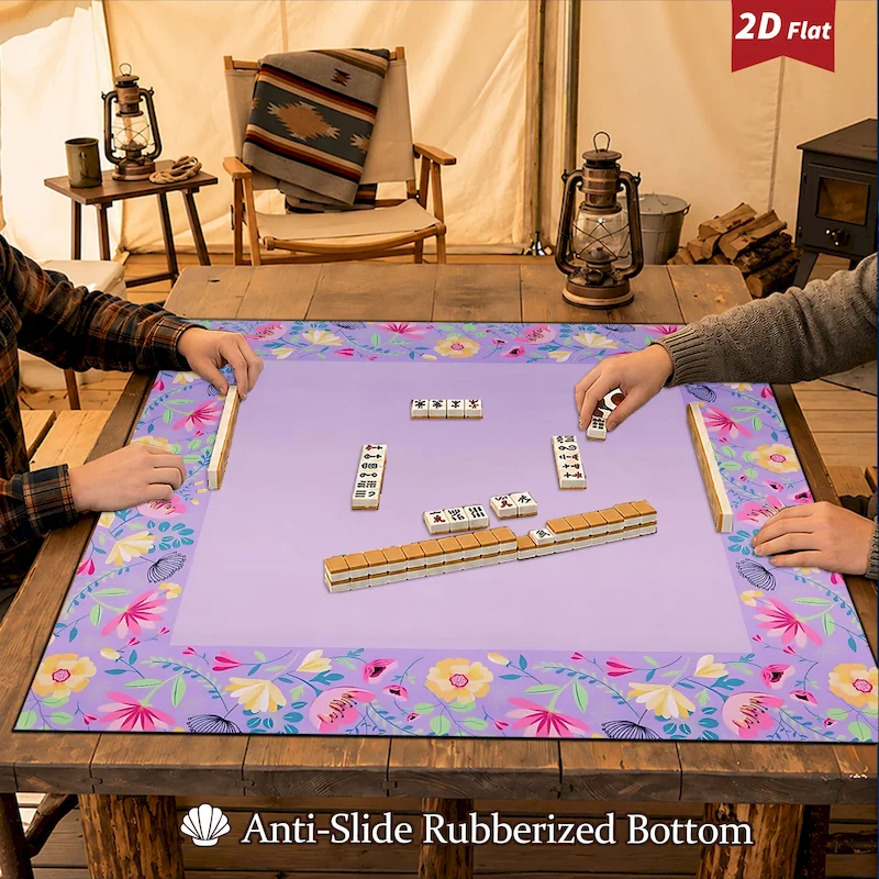 VIKAMA Purple Base Color Wildflower Border Printed Mahjong Table Mat Anti Slip Noise Reduction Absorbent Mat Home Decoration