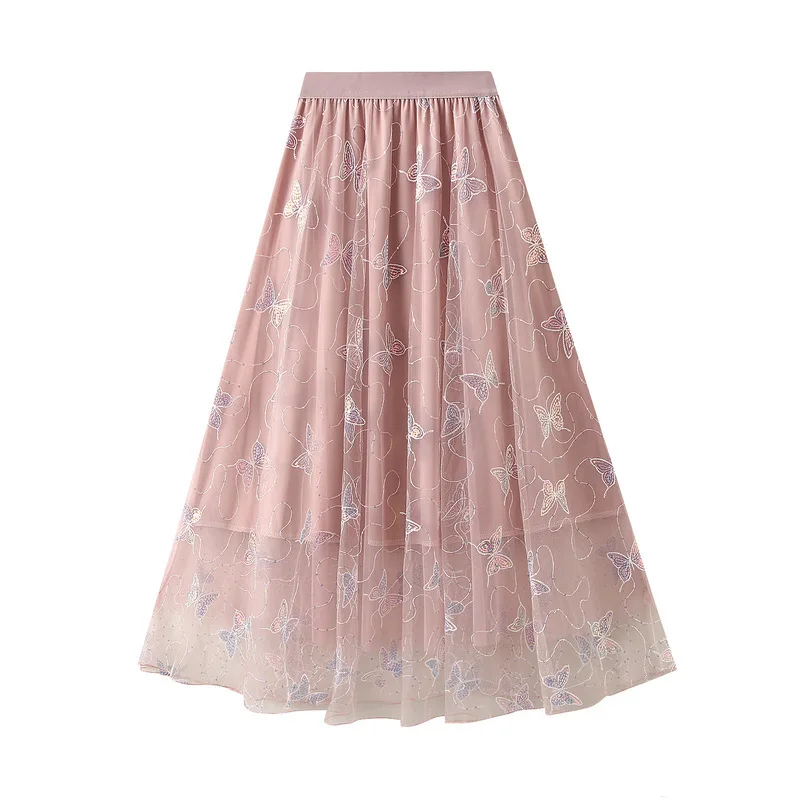 New In 2025 Women's Spring Summer Sequin Butterfly Tulle High Waist A-line Elegant Sweet Midi Long Skirts