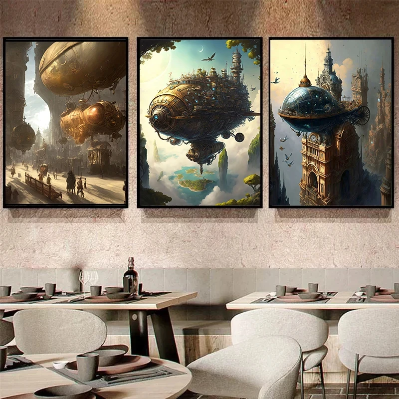 Vintage Steampunk Cat City Retro Animals Owl Raven Frog Monkey Wall Art Posters Canvas Painting Prints Pictures Home Room Decor