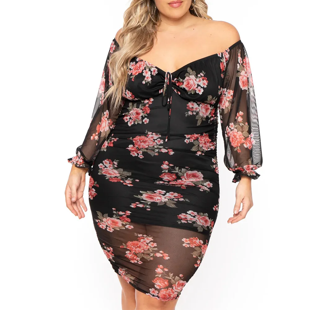 Plus Size Vrouwen Sexy Jurk Lente Zomer Nieuwe Temperament Mode Print Kant Gesplitst Bandje Jurk Groot Formaat Elegante Jurken